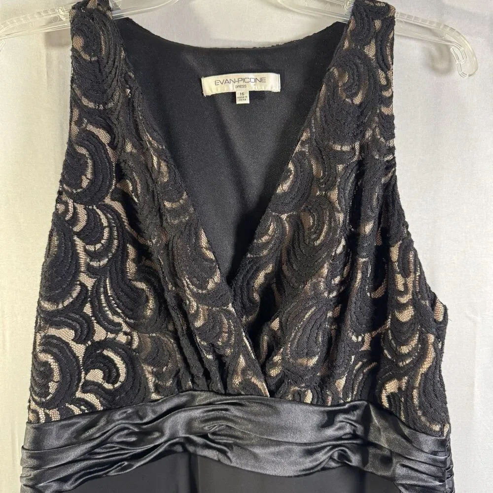 Evan-Picone Black Chiffon Dress Women’s 16 Sequin Bodice Satin Waist Formal